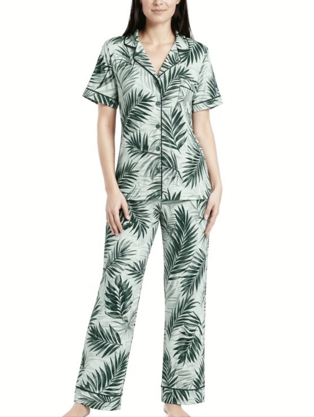 Nicole Miller Leaf-Print Pajama Set - Mint Green With Darker Accents Size Small
